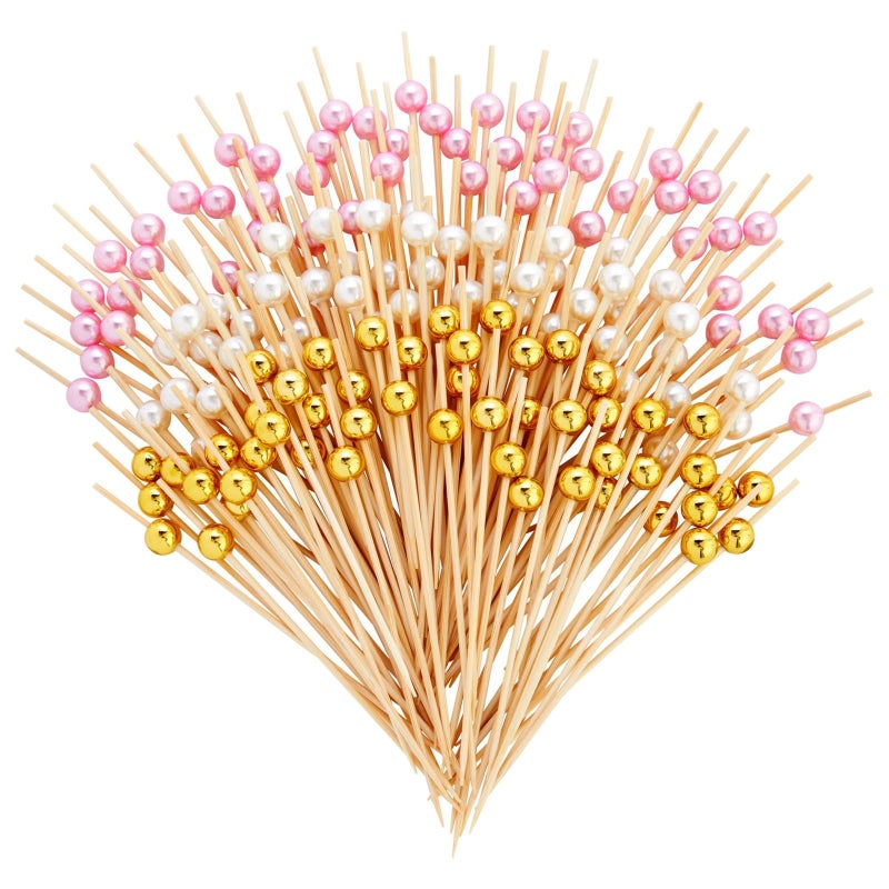Okuna Outpost Bamboo Pearl Toothpicks - 4.7 in, 150 Count, White, Pink & Gold - Skewers for Appetizers & Mimosa Bar Supplies - Party & Catering Supplies - Image 1